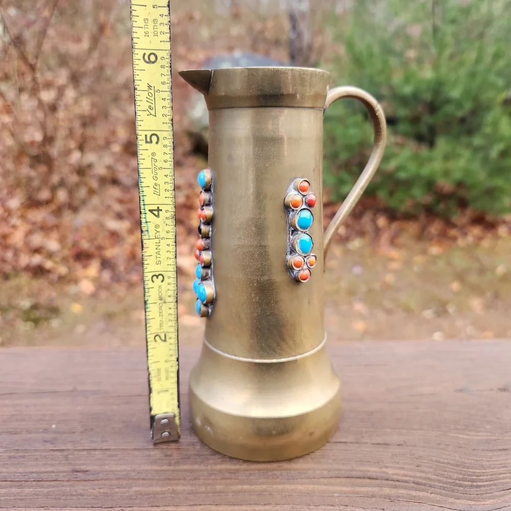 Vintage Brass Pitcher with Turquoise, Red And Black Stones